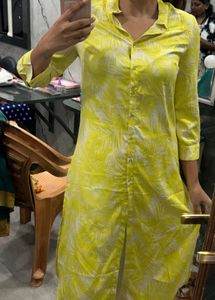 Bright Yellow Leaf Print Kurta