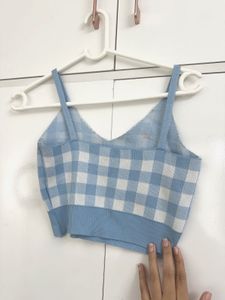 Blue Gingham Knit Crop Top
