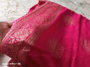 Vibrant Pink Silk Saree with Golden Border