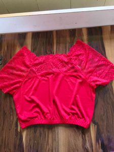 Bright Red Lace Trim Off-Shoulder Top