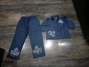 Denim Kurta Set with Leaf Print