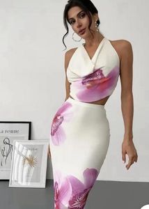 Floral Print Halter Neck Crop Top & Skirt Set