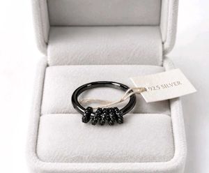 Chic Black Silver Ring with Sparkling Accents