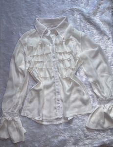Elegant Ruffled Sheer White Blouse