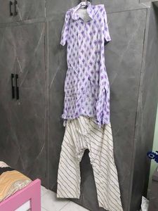 Purple Ikat Print Kurta and Pants Set