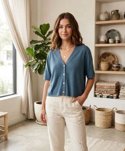 V-Neck Button-Up Short-Sleeve Cardigan
