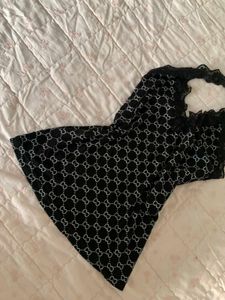 Black Lace Trim Print Halter Top