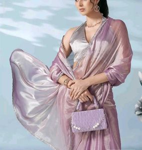 Elegant Sequinned satin Saree With Silver Border