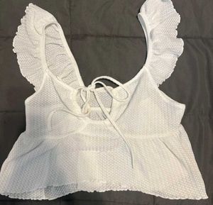 White Ruffle Tie Front Top