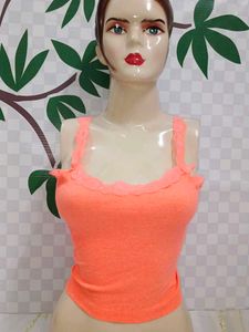 (953)Orange Lace Trim Tank Top
