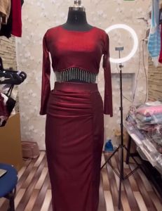 Party wear Maroon Embellished Crop Top &amp; Skirt Set