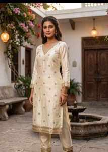 Elegant Cream Silk Kurta Set with Gold Embroidery