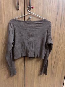 Brown Ribbed Cropped Long Sleeve Top