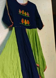 Designed frilled Bird Embroidered Kurta 💙💚