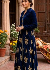 Blue Velvet gown with Gold Embroidery