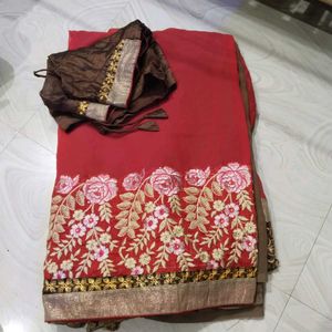 Embroidered Red Saree with Blouse