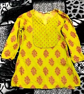 Yellow Kurta with pink  Block Print, size L