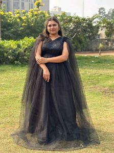 Elegant Black Tulle Gown with Cape Sleeves