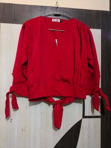 Stylish Red V-Neck Tie-Up Top