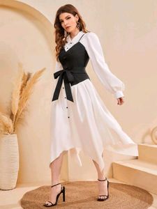 SHEIN Colorblock Bishop Sleeve Asymmetrical Dress