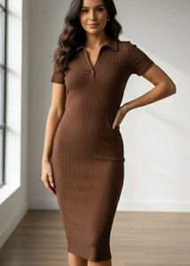 H&amp;M Brown Ribbed Polo Dress