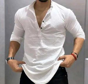 Men's White Textured Band Collar Shirt