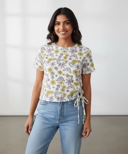 Floral & Butterfly Print Tie-Side T-Shirt
