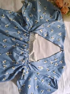 Cute Blue Floral Puff Sleeve Dress