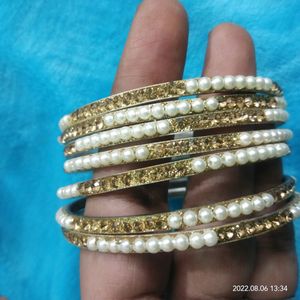 beautiful metal bangles combo with pearl n stone