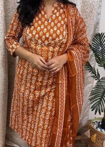 Orange Kurta Set with White Print