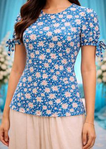 Chic Blue Floral Print Puff Sleeve Top