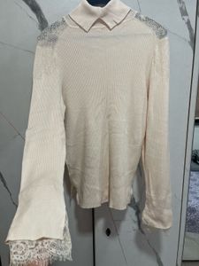 Elegant Lace Trim Turtleneck Sweater