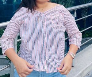 Striped Off-Shoulder Button-Up Top