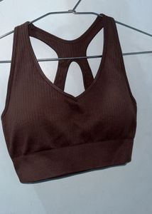 Brown Ribbed Sports Bra