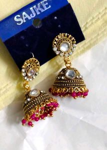 Gold Jhumka Earrings with Pink Beads