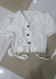 Korean White Puff Sleeve Cropped Top