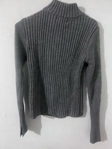 Grey Ribbed Zip-Up Sweater