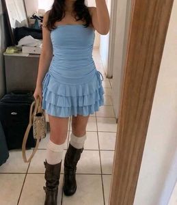 Light Blue Ruched Ruffle Mini Dress