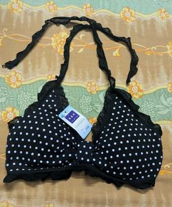 Black and white polka-dot halter-neck bra