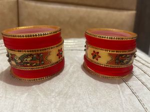 Red & Cream Bangle Set with Intricate Design