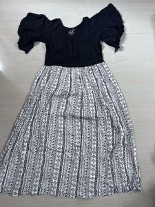 Boho Black & White Printed Flared Maxi Dress (Ruff