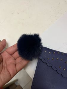 Navy Blue Studded Wallet with Pom