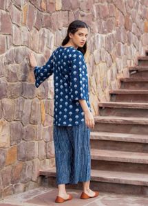 Chic Blue Block Print Kurta &amp; Palazzo Set