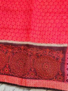 Vibrant Red Printed Saree with blouse pc