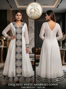 Premium White & Grey Embroidered Anarkali Gown