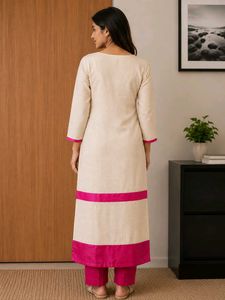 Elegant Cream Kurta with Pink Floral Embroidery