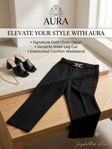 Aura Black Wide-Leg Pants with Gold Chain Detail