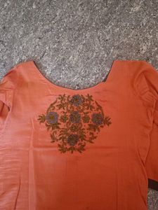 Peach Color, Embroidery Work, Boat Neck