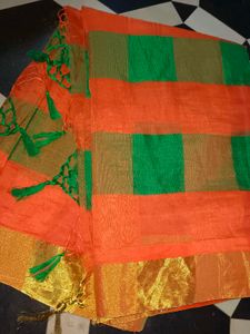 ORANGE AND GREEN COTTON BLEND SAREE