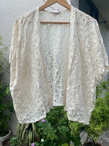 Cream Lace Open Front Kimono Cardigan
